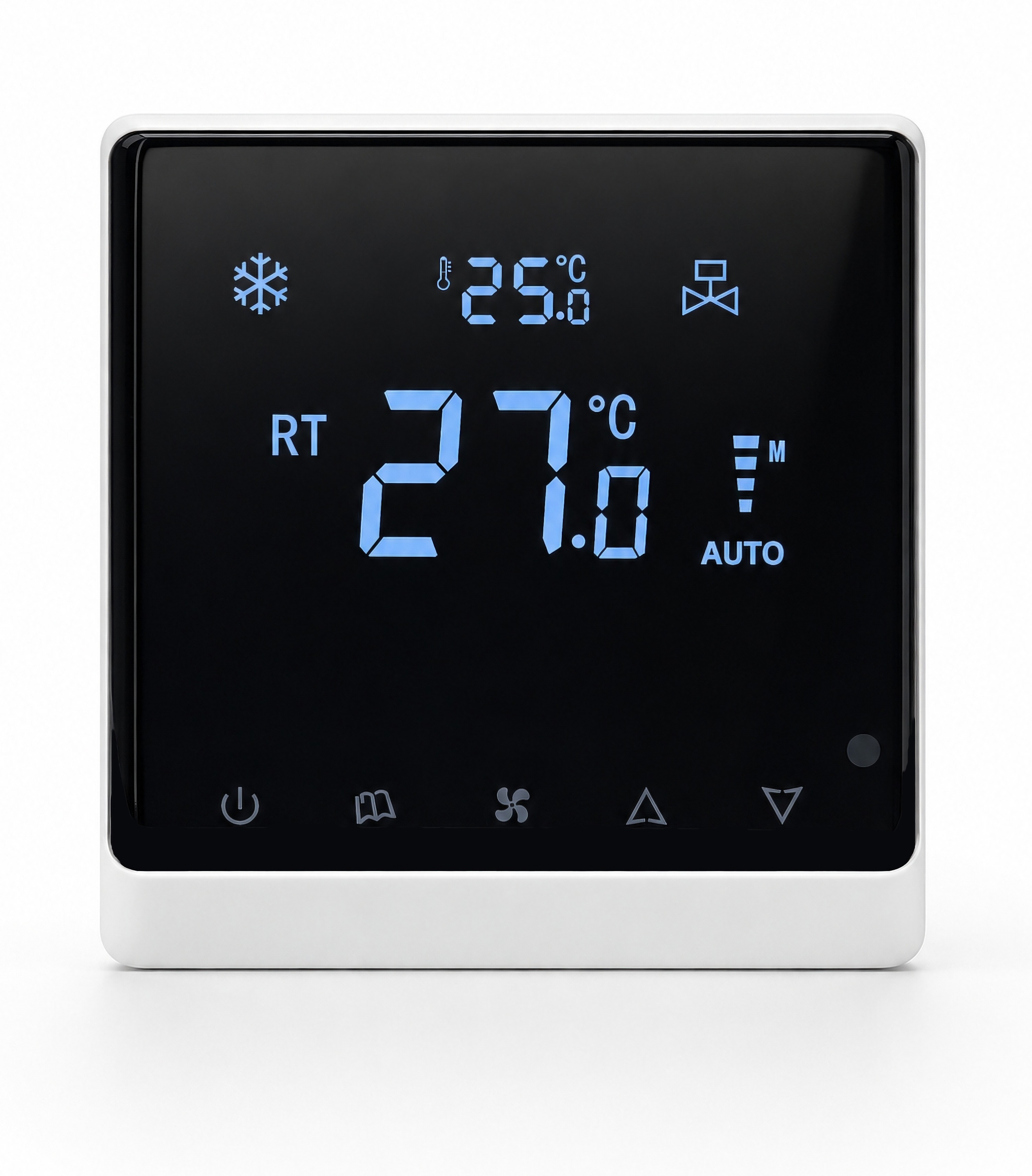White square smart touch screen HVAC thermostat with black mirror display and blue temperature digits
